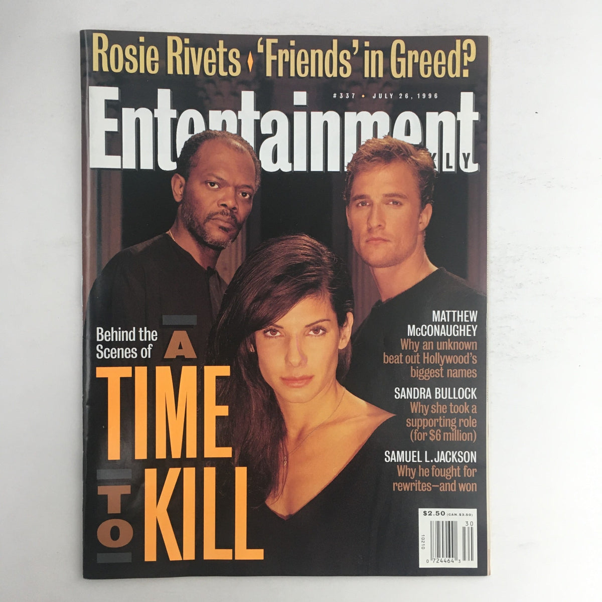 Entertainment Weekly July 26 1996 cover featuring actors Samuel L. Jackson, Sandra Bullock, and Matthew McConaughey. The magazine highlights 'A Time to Kill' and includes articles about the actors' roles and behind-the-scenes details.