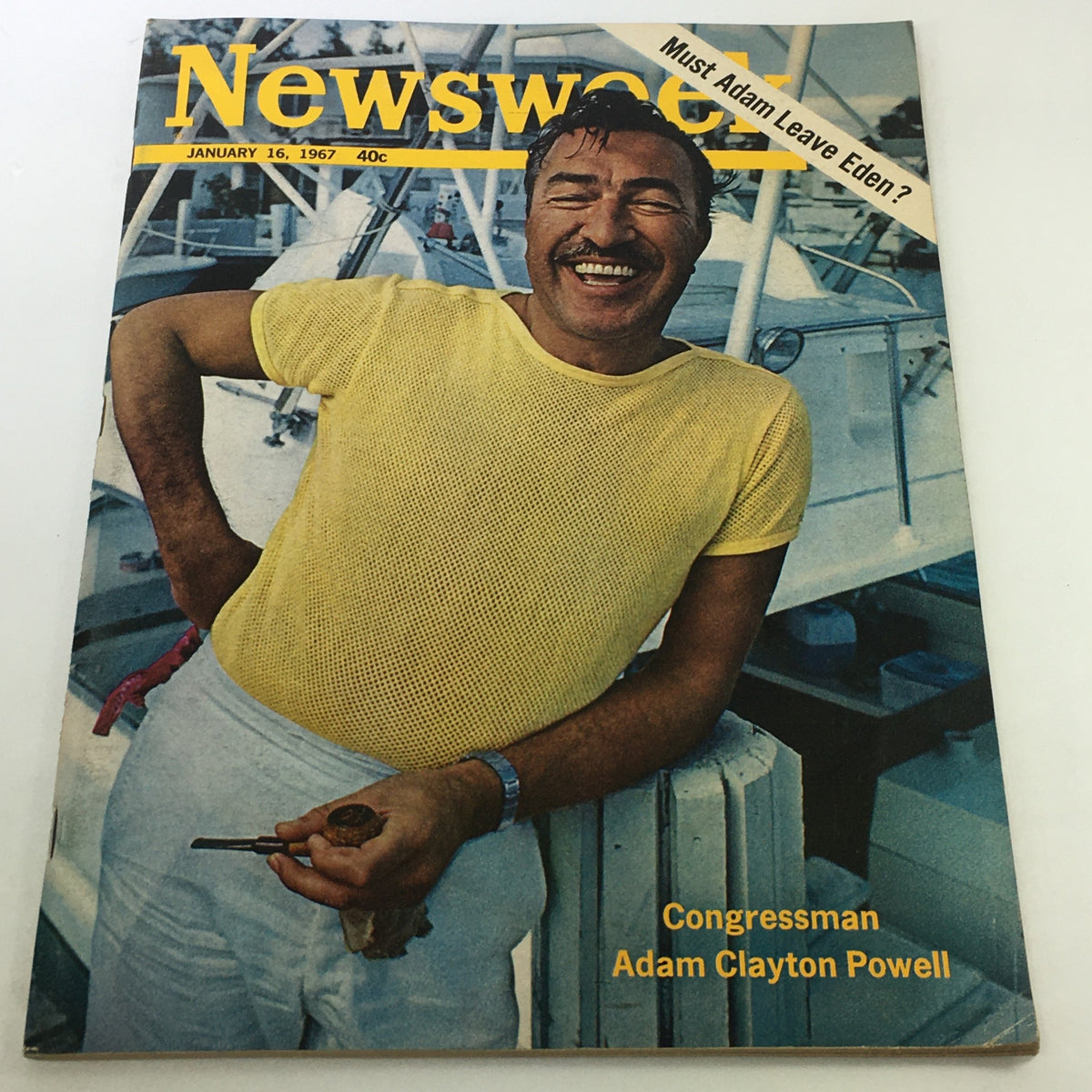 VTG Newsweek Magazine January 16 1967 featuring Congressman Adam Clayton Powell on the cover, showcasing him in a yellow mesh shirt, smiling with a pipe, amidst a nautical backdrop.