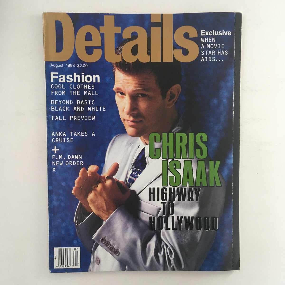 Cover of Details Magazine August 1993 featuring Chris Isaak on the front, showcasing 'Highway to Hollywood' with fashion highlights from the era.