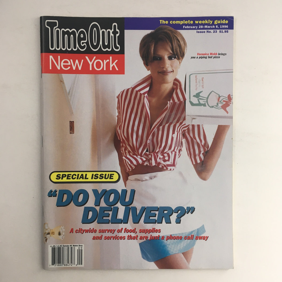 Time Out New York Magazine from February 28, 1996 featuring supermodel Veronica Webb on the cover, showcasing 90s fashion and culture with the headline 'Do You Deliver?' and a citywide survey of food and services.