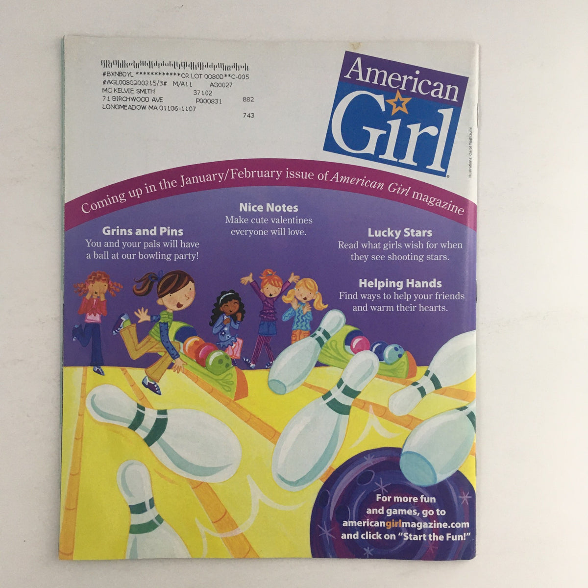 Cover of American Girl Magazine November 2010, previewing upcoming activities and themes for young readers with a vibrant design.