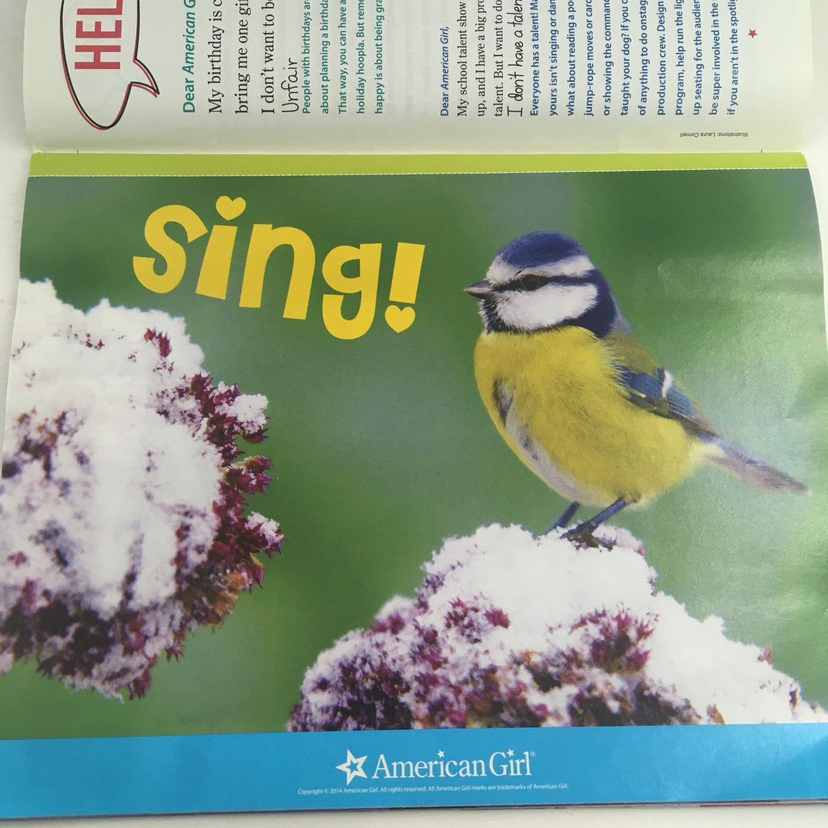 Inside page of American Girl Magazine November 2014 featuring a colorful blue tit bird on snow-covered branches, with the playful text 'Sing!' encouraging creativity and connection with nature.