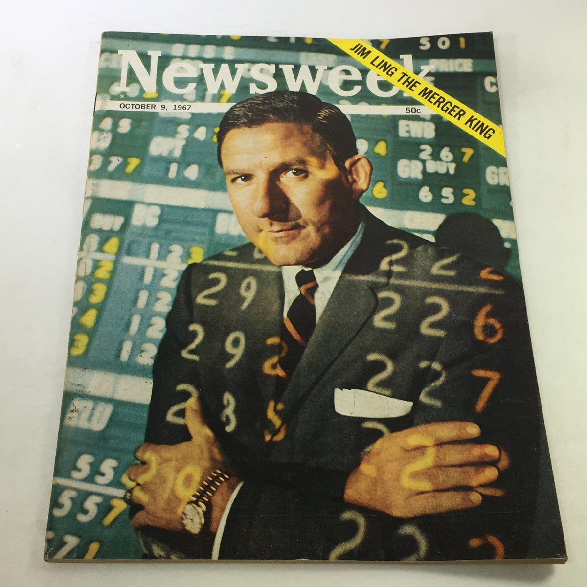 VTG Newsweek Magazine from October 9, 1967 featuring Jim Ling, known as The Merger King, with a back drop of financial figures and charts, showcasing the business landscape of the 1960s.