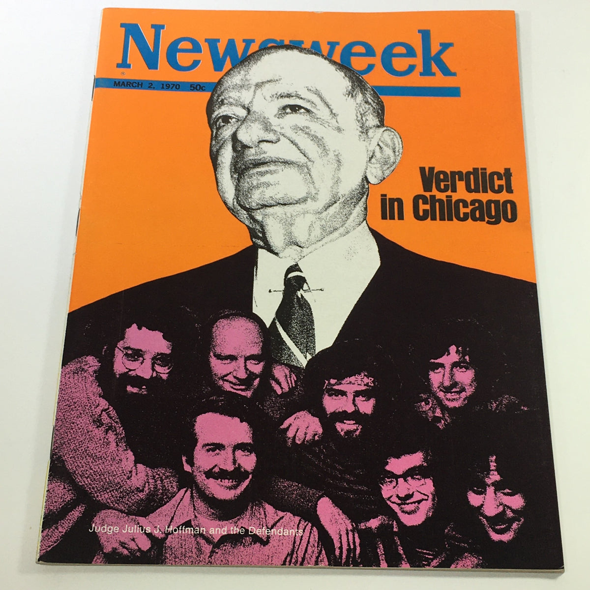 Cover of VTG Newsweek Magazine from March 2, 1970, featuring Judge Julius J. Hoffman and the defendants with a bold orange background and the headline 'Verdict in Chicago'. A historical snapshot of courtroom drama.