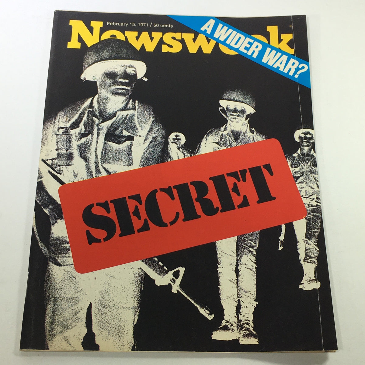 VTG Newsweek Magazine February 15, 1971 cover featuring soldiers and the title 'A Wider War?' with a red 'SECRET' label, an essential collectible item reflecting historical events during the Vietnam War.
