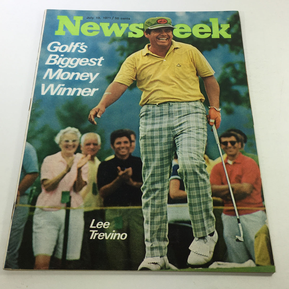 VTG Newsweek Magazine July 19 1971 featuring Lee Trevino on the cover, showcasing the iconic golfer in a bright yellow shirt and plaid pants, surrounded by enthusiastic spectators.