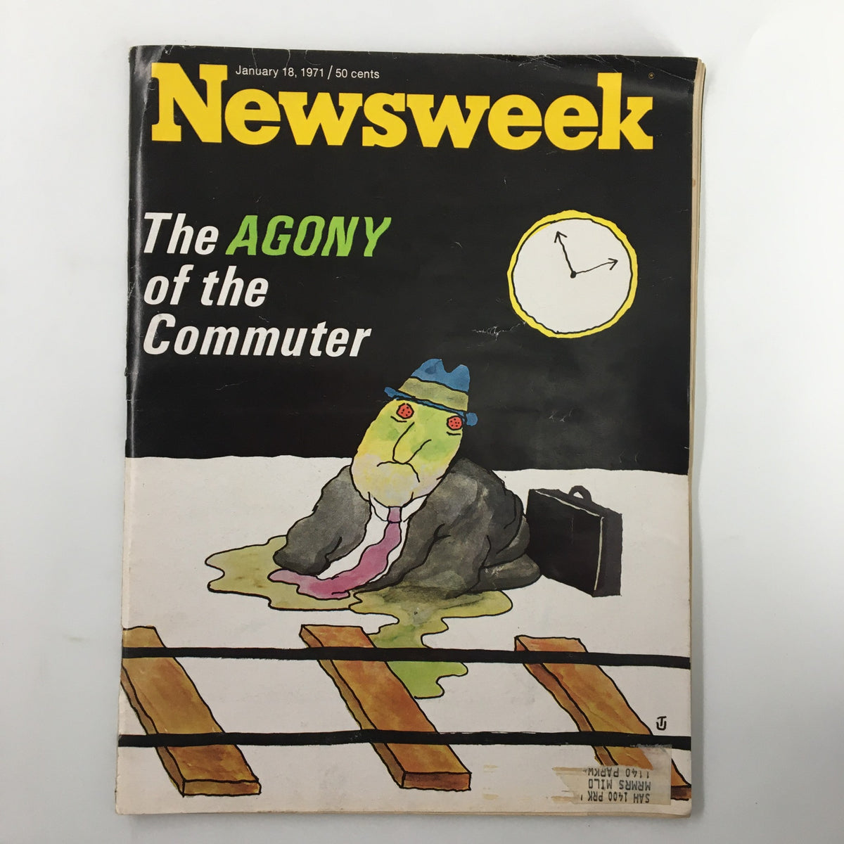 VTG Newsweek Magazine cover from January 18, 1971, titled 'The Agony of the Commuter', featuring a cartoonish depiction of a frustrated commuter with a briefcase, set against a backdrop of railroad tracks and a clock.