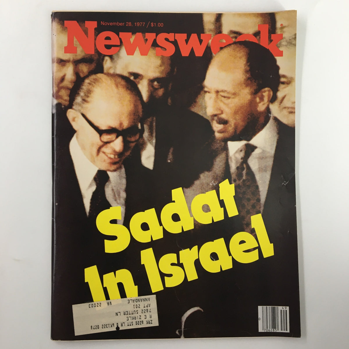 Cover of VTG Newsweek Magazine dated November 28, 1977, featuring the title 'Sadat In Israel' with prominent images of Muḥammad Anwar Sādāt during his historic visit to Israel, showcasing a significant moment in Middle Eastern diplomatic relations.