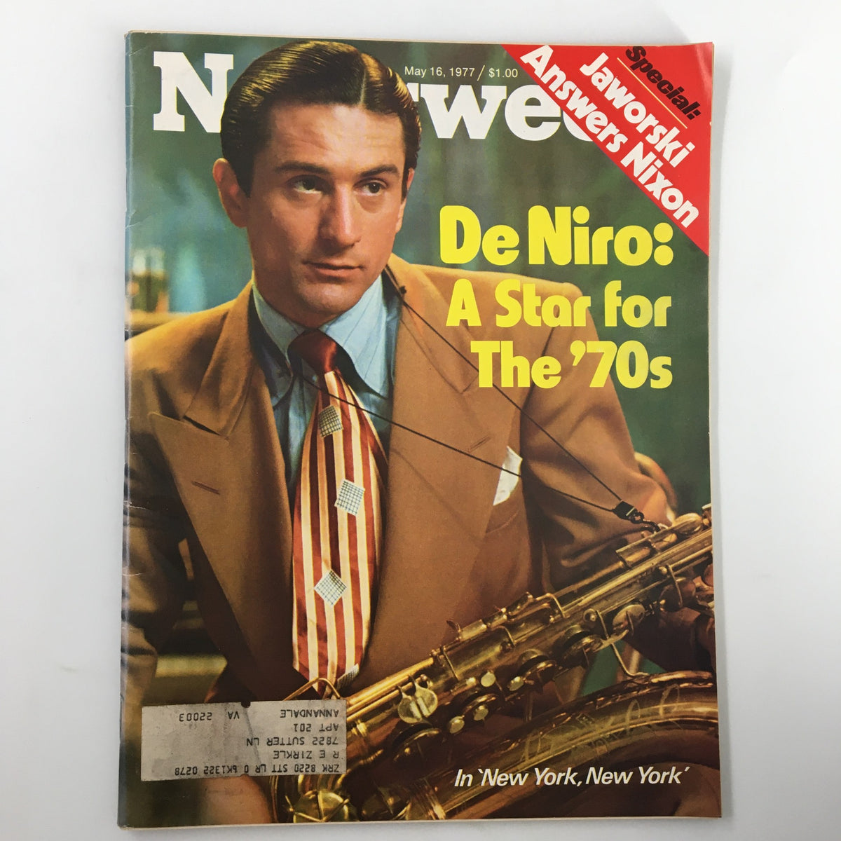 VTG Newsweek Magazine cover from May 16, 1977 featuring Robert De Niro, highlighting him as A Star for The 70's. The image showcases De Niro's charismatic pose with a saxophone, representing the cultural essence of the 1970s.