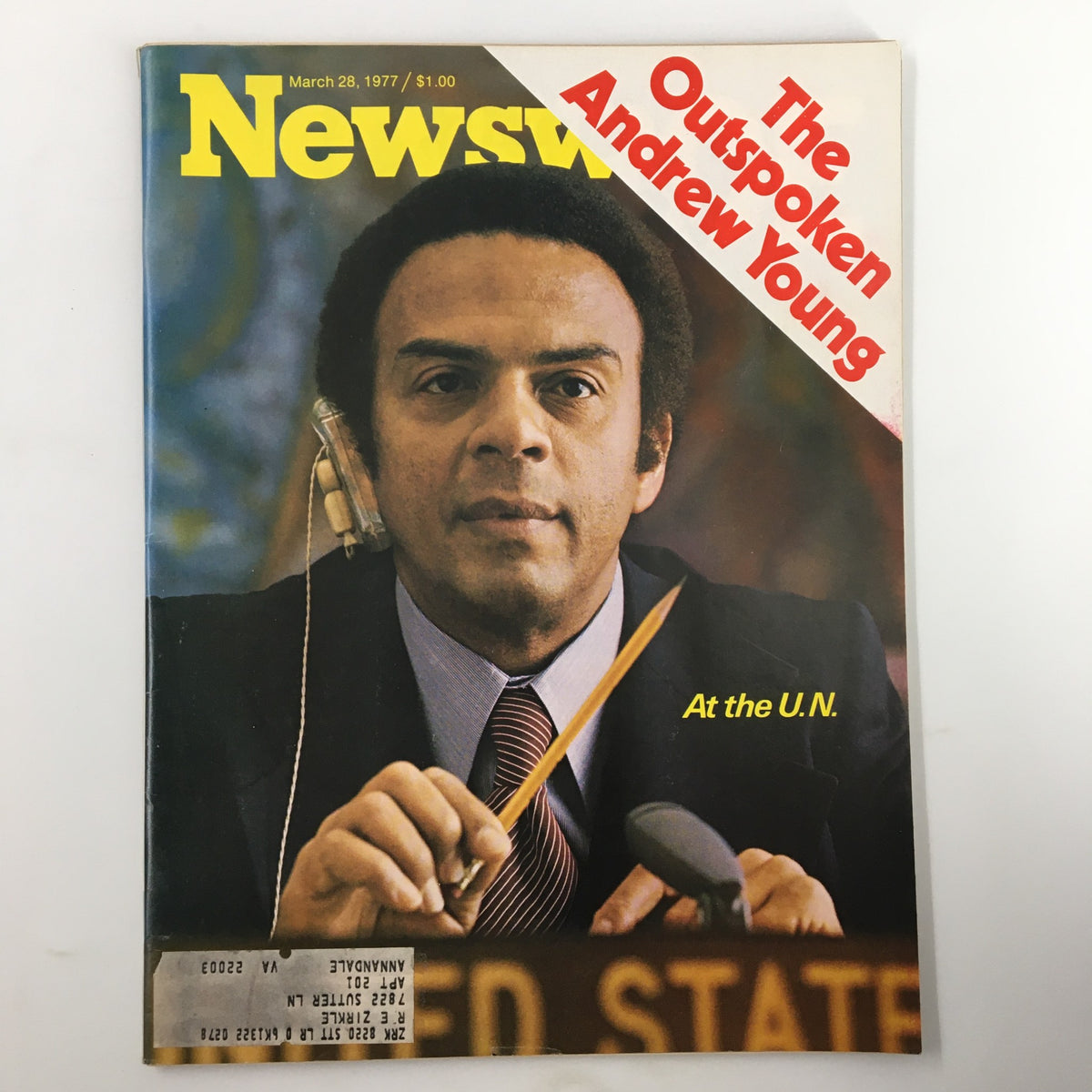 Vintage Newsweek Magazine from March 28, 1977 featuring the outspoken Andrew Young at the U.N. The cover shows Young with a pencil in hand, embodying a significant moment in American diplomacy.