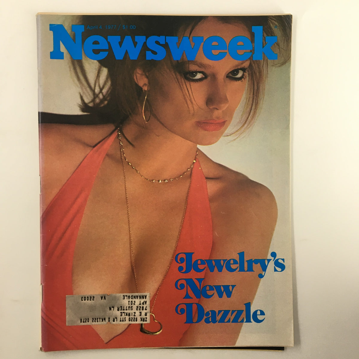 Cover of Newsweek Magazine from April 4, 1977, featuring the headline 'Jewelry's New Dazzle' alongside a model wearing striking jewelry, showcasing 1970s fashion trends.
