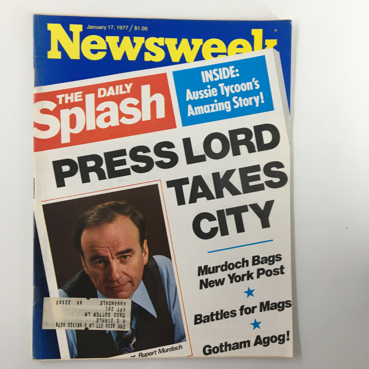 Cover of VTG Newsweek Magazine January 17, 1977 featuring the headline 'Press Lord Takes City' with an image of Rupert Murdoch, discussing his acquisition of the New York Post.