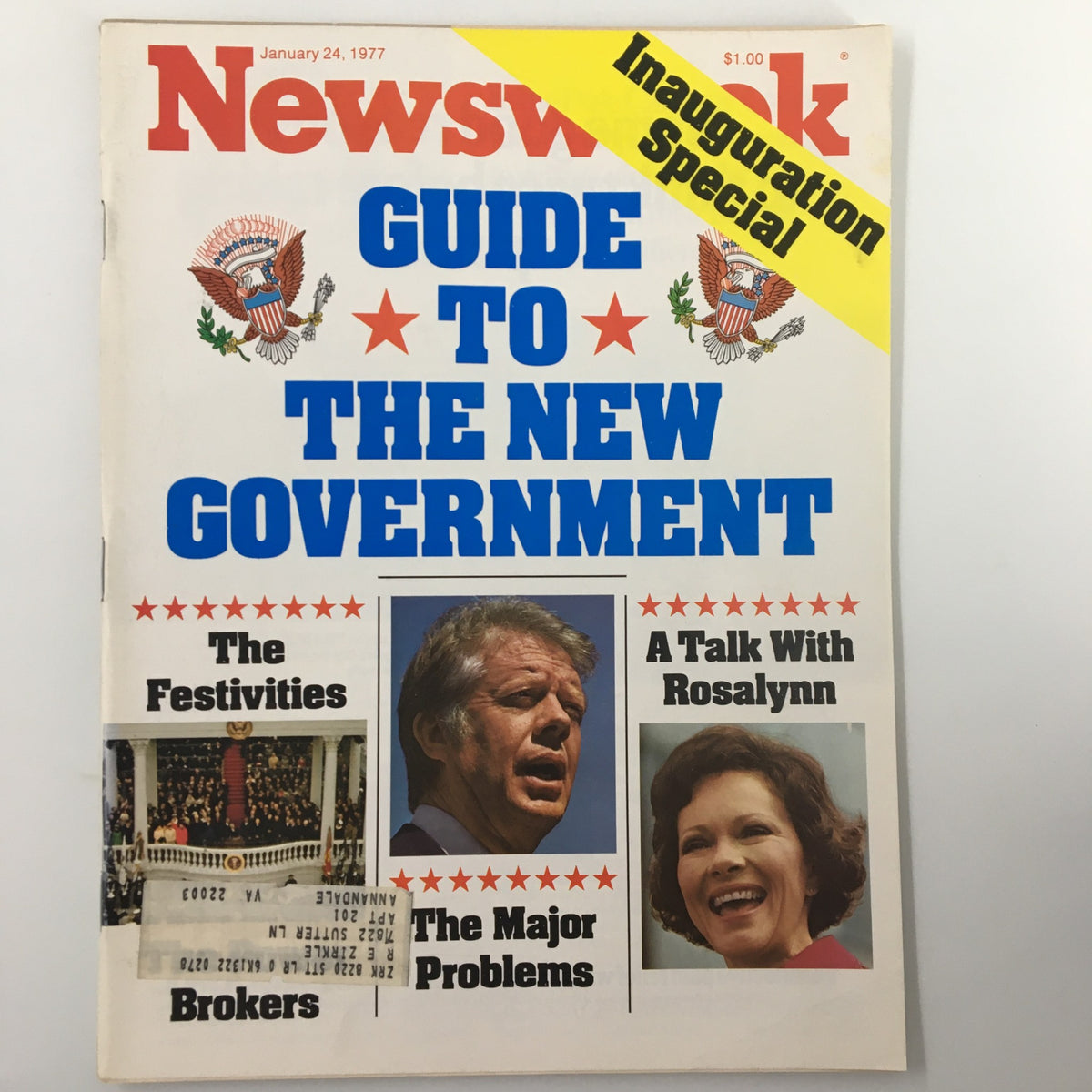 VTG Newsweek Magazine January 24 1977 featuring Jimmy Carter on the cover, titled 'Guide to The New Government', with highlights on festivities, major problems, and a talk with Rosalynn. The magazine marked as an 'Inauguration Special'.