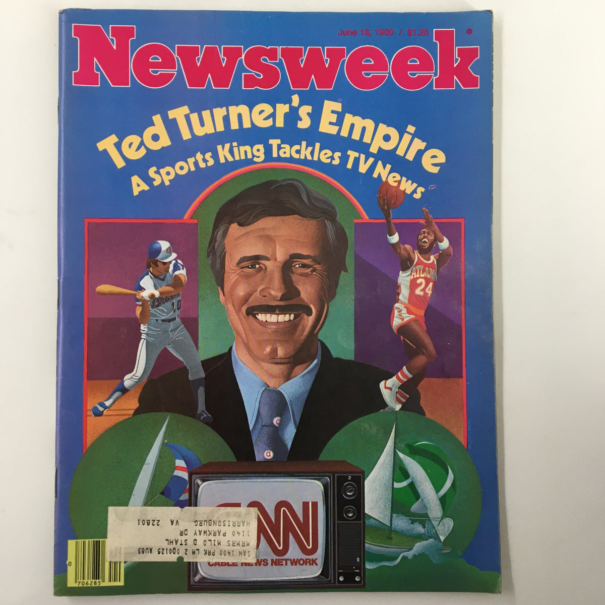Vintage Newsweek magazine cover from June 16, 1980, featuring Ted Turner with the title 'Ted Turner's Empire: A Sports King Tackles TV News'. The cover showcases illustrations of a baseball player, a basketball player, and a vintage CNN logo.