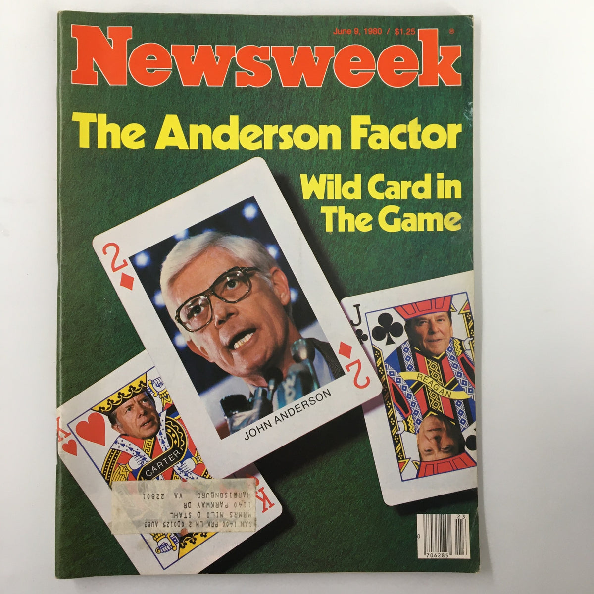 Cover of VTG Newsweek Magazine from June 9, 1980, titled 'The Anderson Factor: Wild Card in The Game,' featuring John Anderson and playing cards representing political figures.