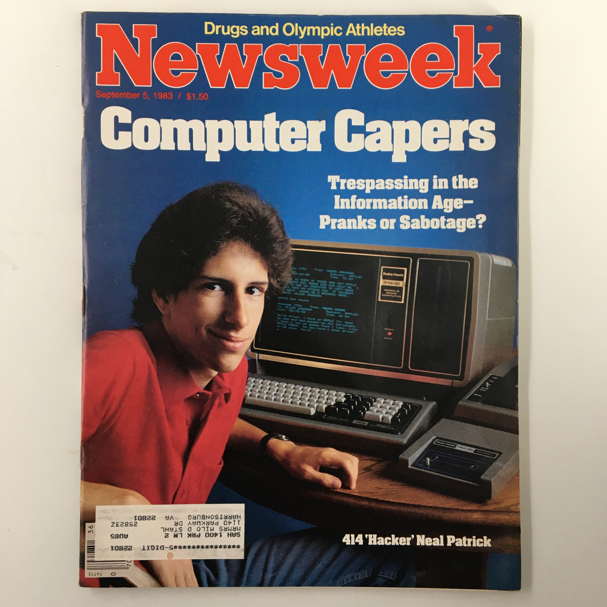 Vintage Newsweek magazine cover from September 5, 1983, featuring the title 'Computer Capers' and a profile of 414 Hacker Neal Patrick. The image showcases early computer culture with a young man sitting at a vintage computer, illustrating the theme of hacking and technology of the 1980s.