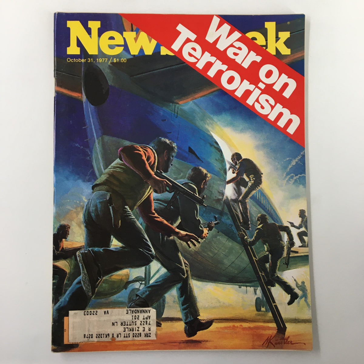 Vintage Newsweek Magazine cover from October 31, 1977, featuring the title 'War on Terrorism', depicting a dramatic illustration of armed individuals boarding an airplane, highlighting the political climate of the time.