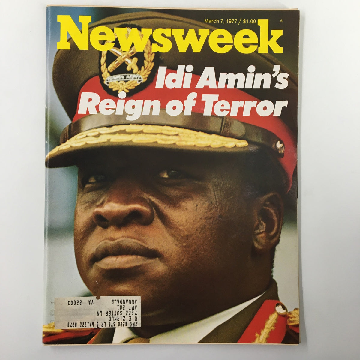 Vintage Newsweek Magazine cover from March 7, 1977, featuring a striking image of Idi Amin, titled 'Idi Amin's Reign of Terror'. This historical magazine is a valuable collector's item, showcasing an important moment in 20th-century political journalism.