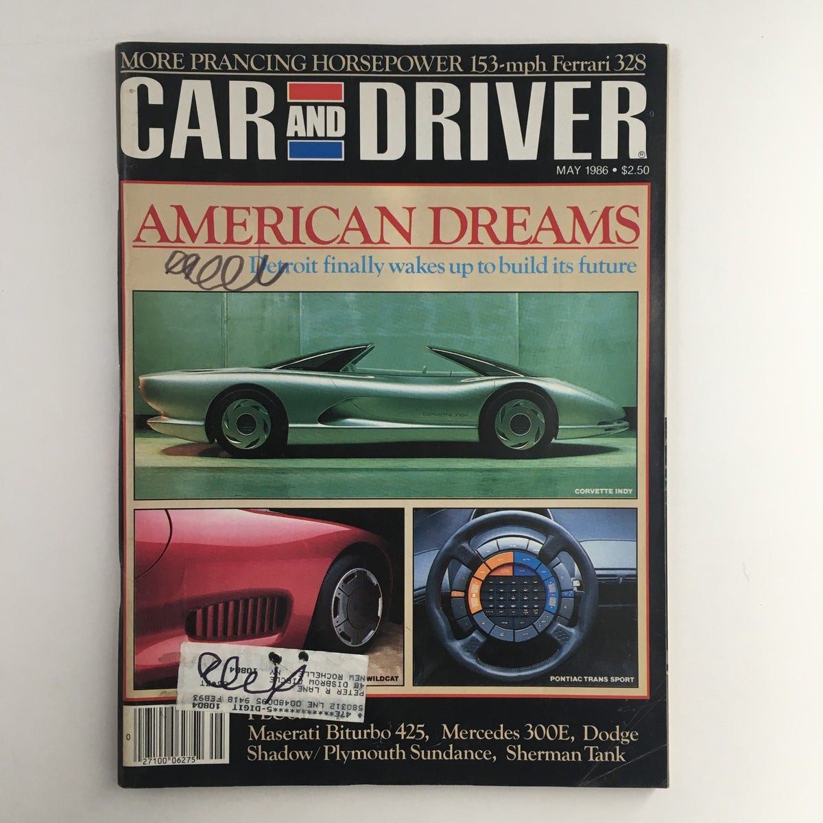 Cover of Car and Driver Magazine May 1986 featuring Corvette Indy, Pontiac Trans Sport, and Ferrari 328, showcasing automotive advancements and designs of the 1980s.