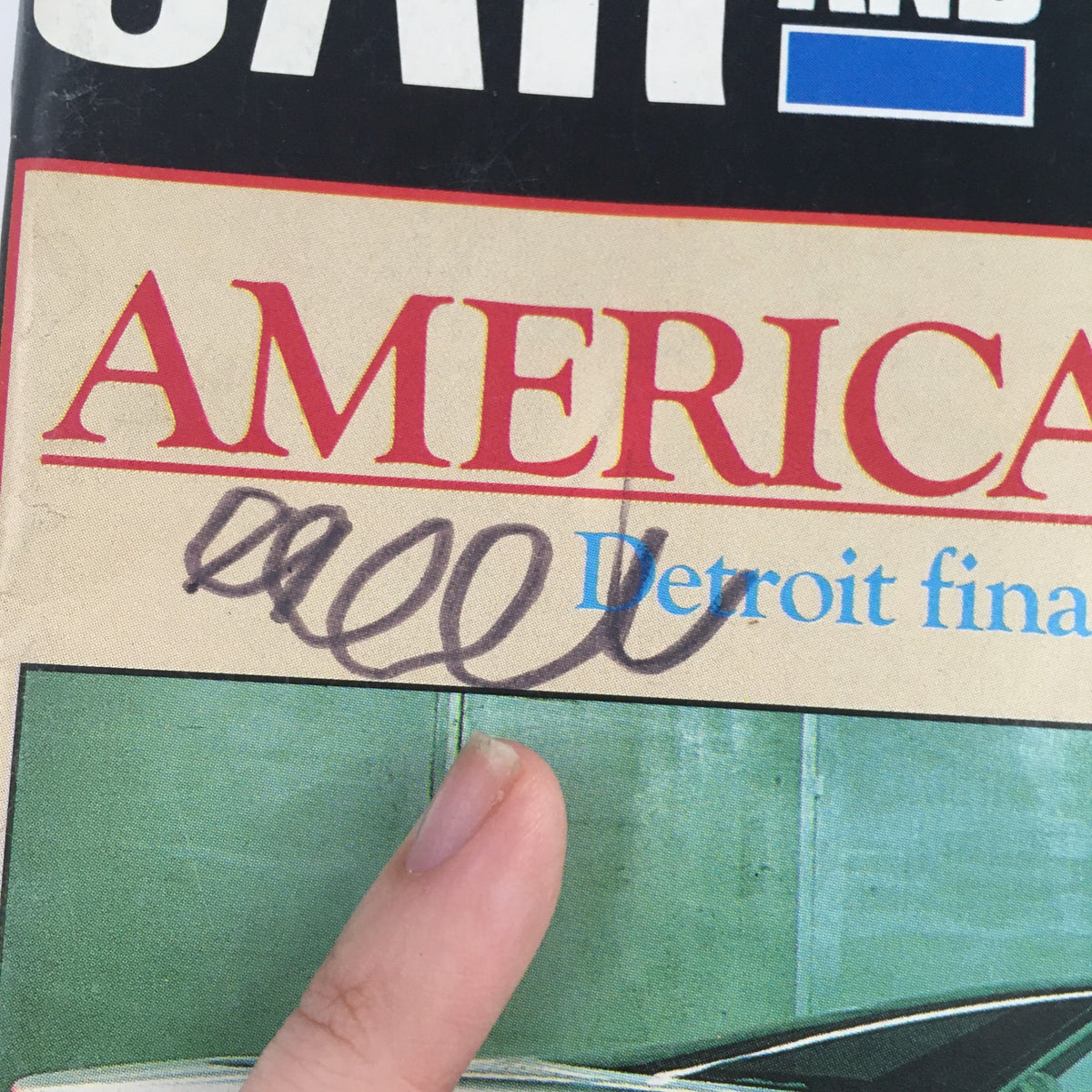 Close-up view of the Car and Driver Magazine May 1986 cover emphasizing the title 'American Dreams' and details about Detroit's automotive future.