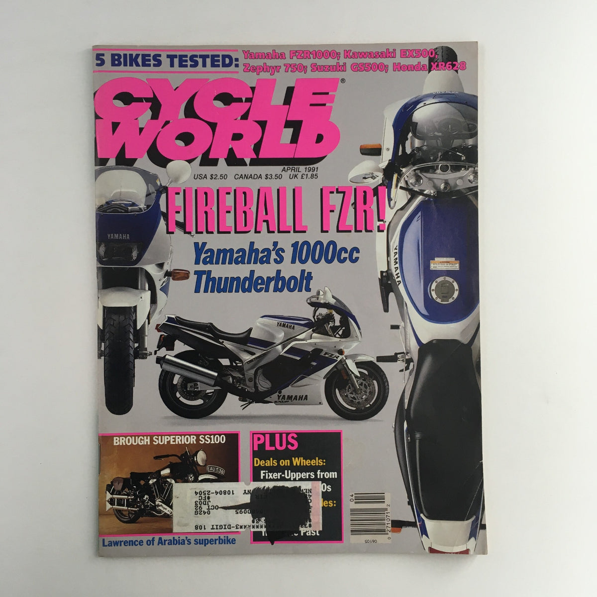 Cycle World Magazine April 1991 featuring Yamaha 1000cc Thunderbolt and Brough Superior S100 on the cover, showcasing motorcycle culture with a focus on performance and design