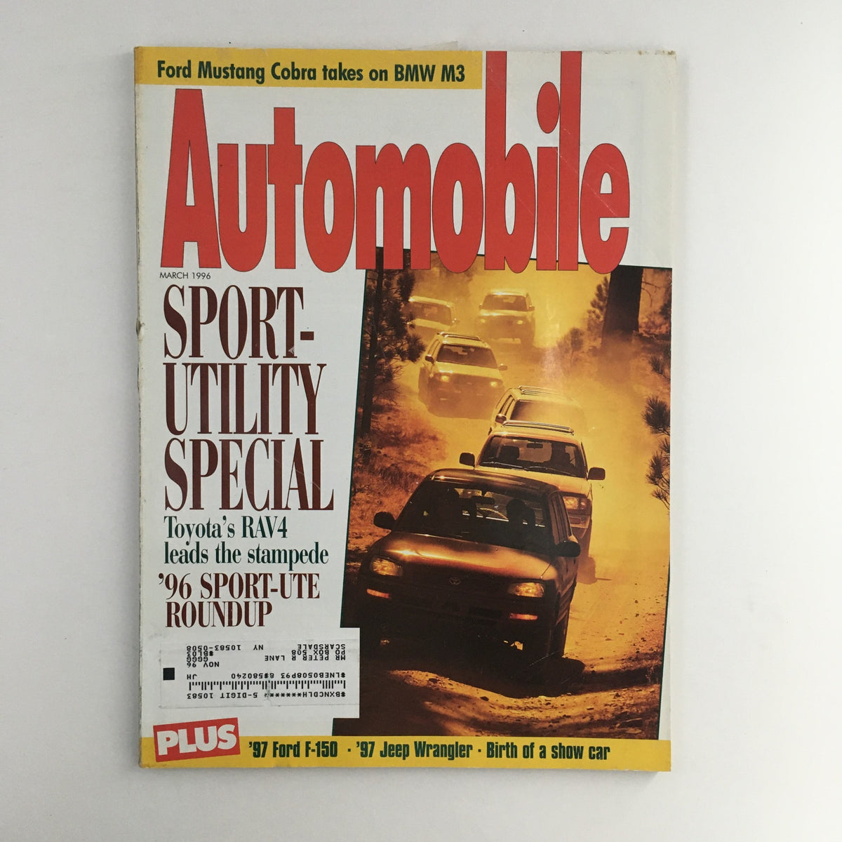 Cover of Automobile Magazine from March 1996 featuring the title 'Sport-Utility Special: Toyota's RAV4 leads the stampede' and a visual display of multiple SUVs driving through a dusty terrain.