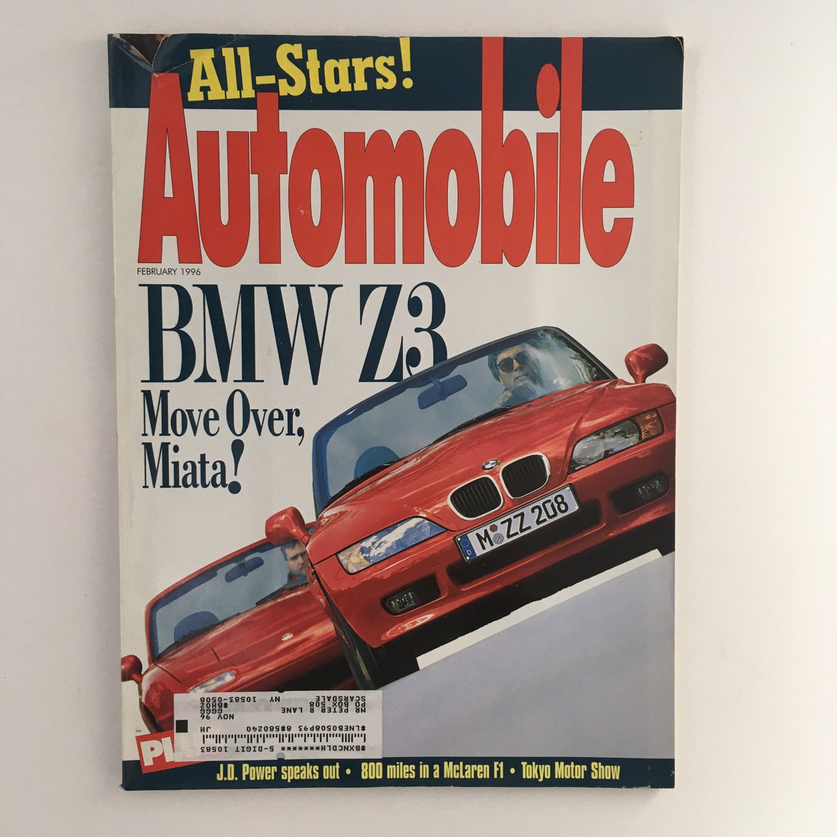 Cover of the February 1996 issue of Automobile Magazine, featuring the title 'Automobile BMW Z3 Move Over, Miata!' highlighting a comparison between the BMW Z3 and Miata, with an image of the iconic red BMW Z3 convertible.