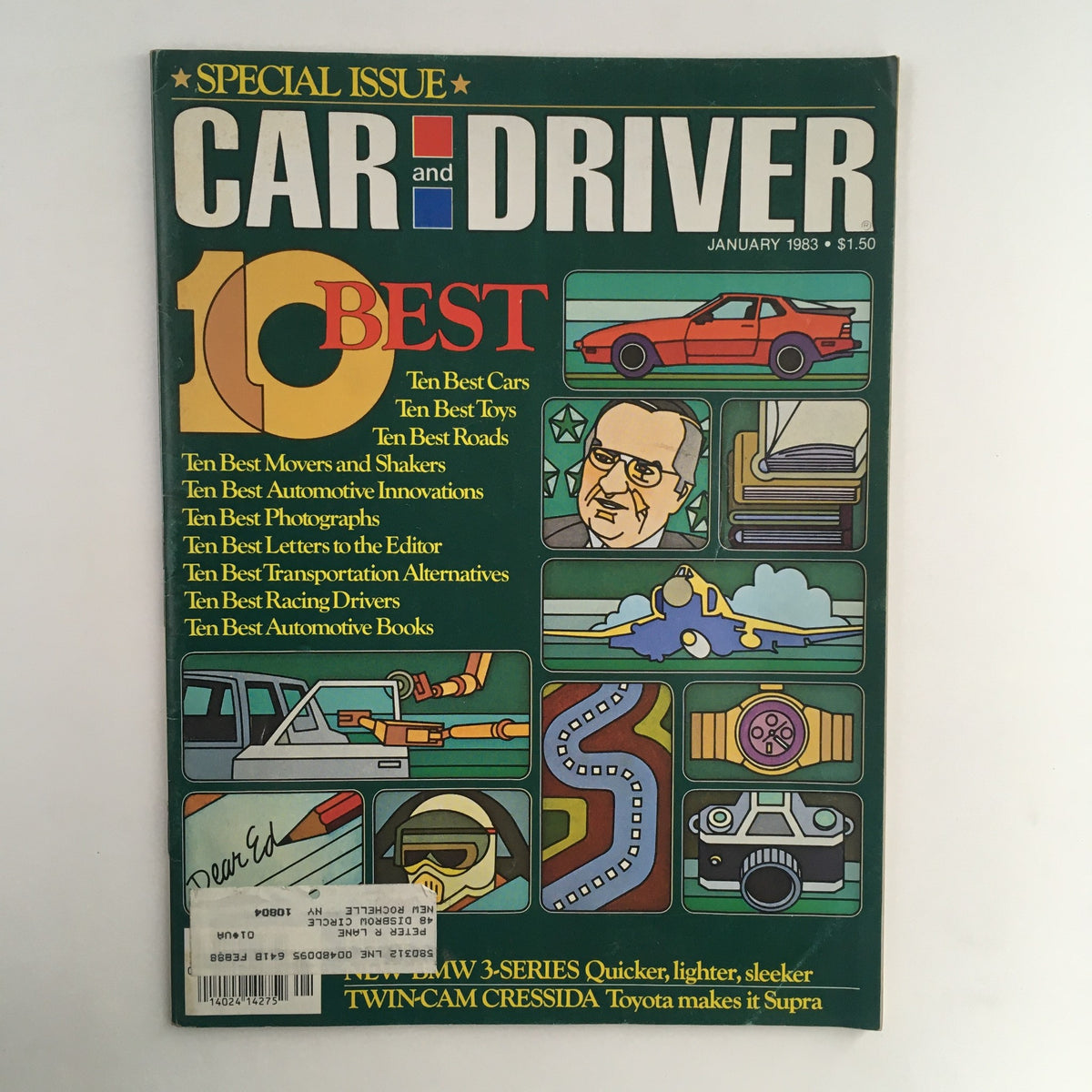 Cover of Car and Driver Magazine January 1983 featuring the headline '10 Best' and articles on automotive innovations, including Twin-Cam Cressida and Toyota's Supra.