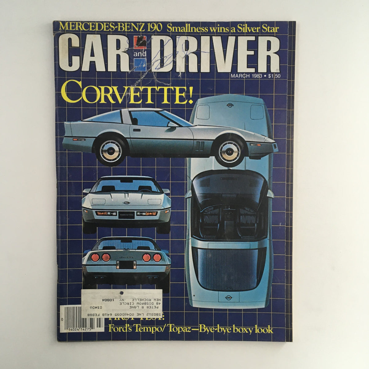 Cover of Car and Driver Magazine March 1983 featuring Chevrolet Corvette, Mercedes-Benz 190, and Ford Tempo. The design showcases images of the cars along with headlines highlighting their features.