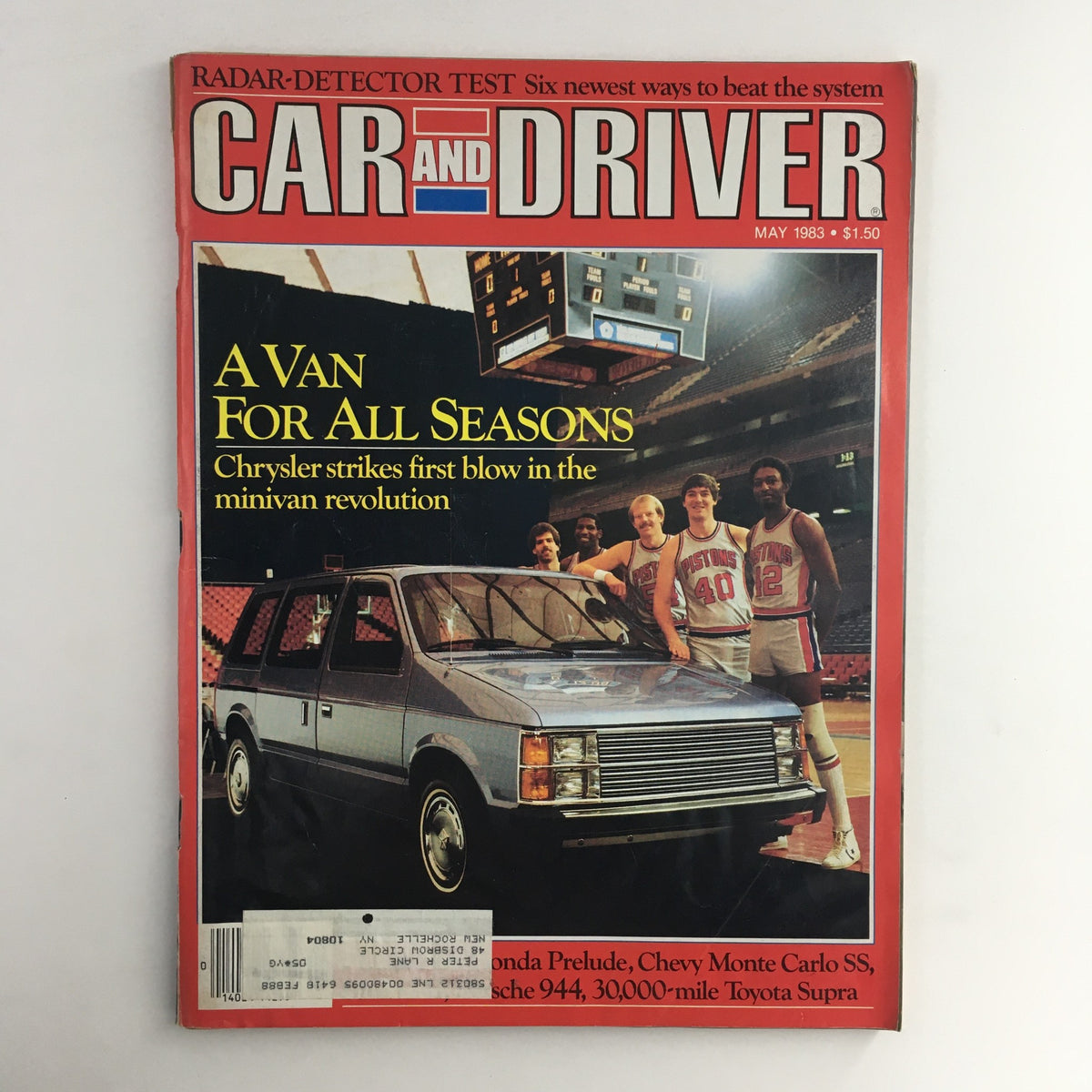 Cover of Car and Driver Magazine May 1983 featuring Chevy Monte Carlo SS, a radar-detector test, and a van. Captioned 'A Van For All Seasons' with a backdrop of basketball players and notable automotive content.