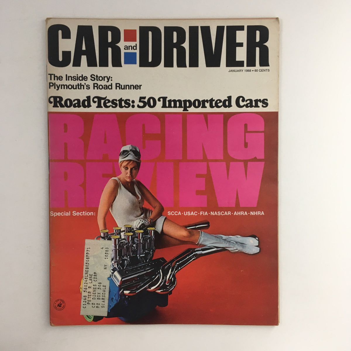 Car and Driver Magazine January 1968 issue featuring Plymouth Road Runner on the cover, showcasing an automotive theme with a vintage racing illustration and articles on road tests and imported cars.