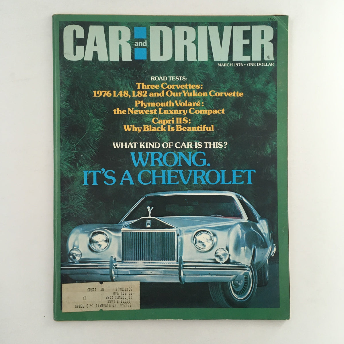 Cover of Car and Driver Magazine March 1976 featuring road tests on 1976 L48, L82, Yukon Corvette, Plymouth Volare, and a striking Chevrolet car, highlighting the automotive trends of the mid-1970s.