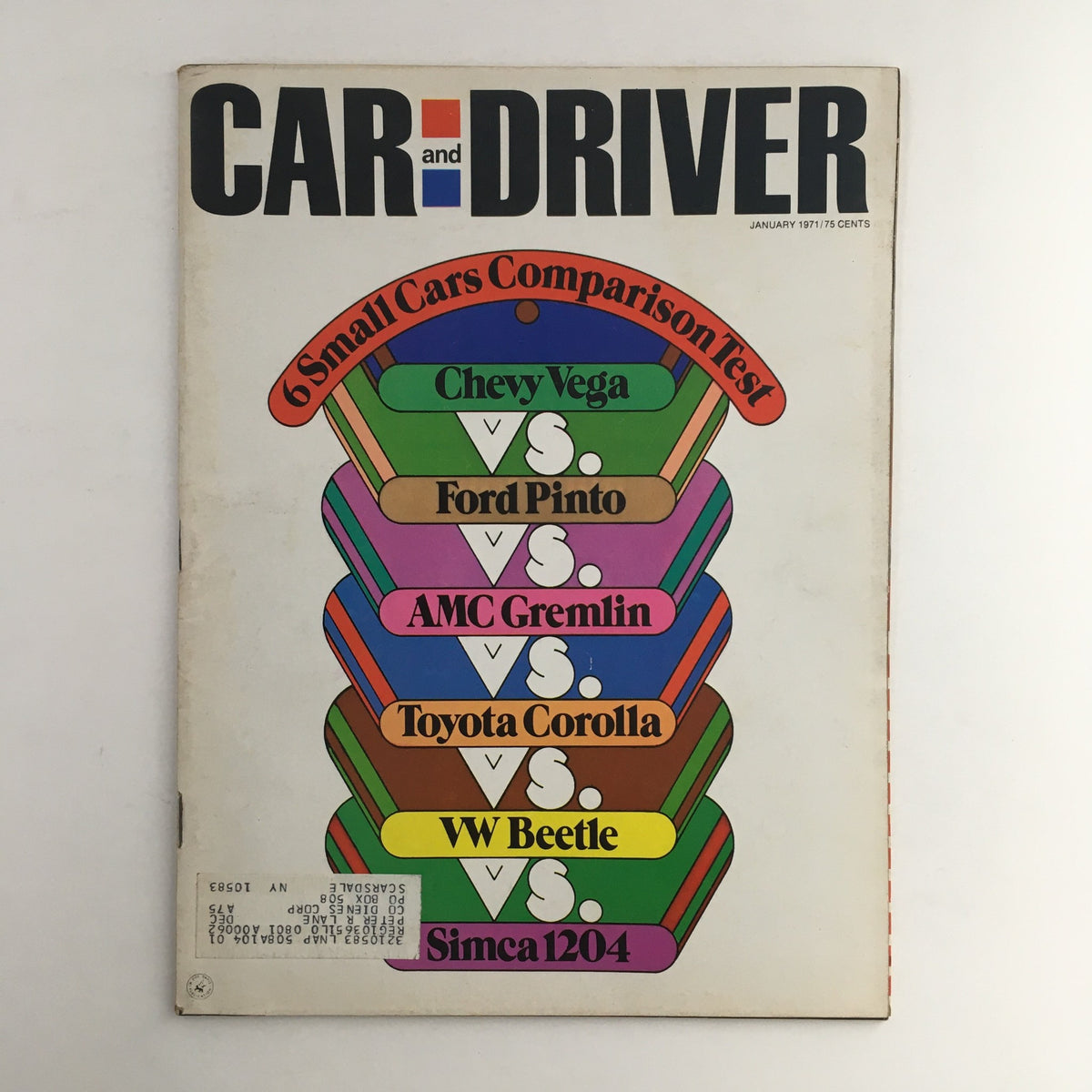 Car and Driver Magazine January 1971 cover featuring a comparison test of Chevy Vega, Ford Pinto, AMC Gremlin, Toyota Corolla, VW Beetle, and Simca 1204.