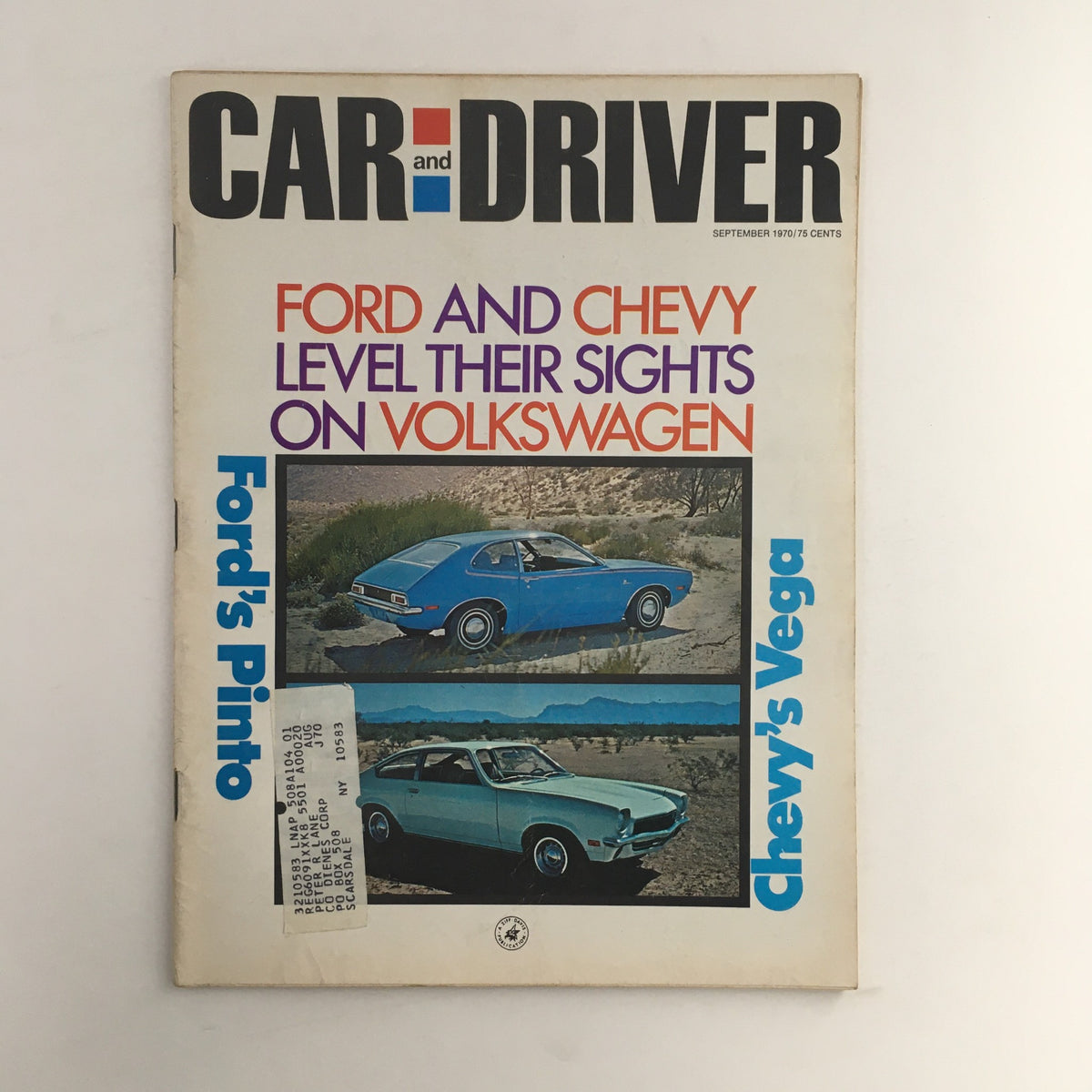 Cover of Car and Driver Magazine September 1970 featuring a comparison of Ford and Chevy vehicles, including Ford's Pinto and Chevy's Vega, highlighting their competitive stance against Volkswagen.