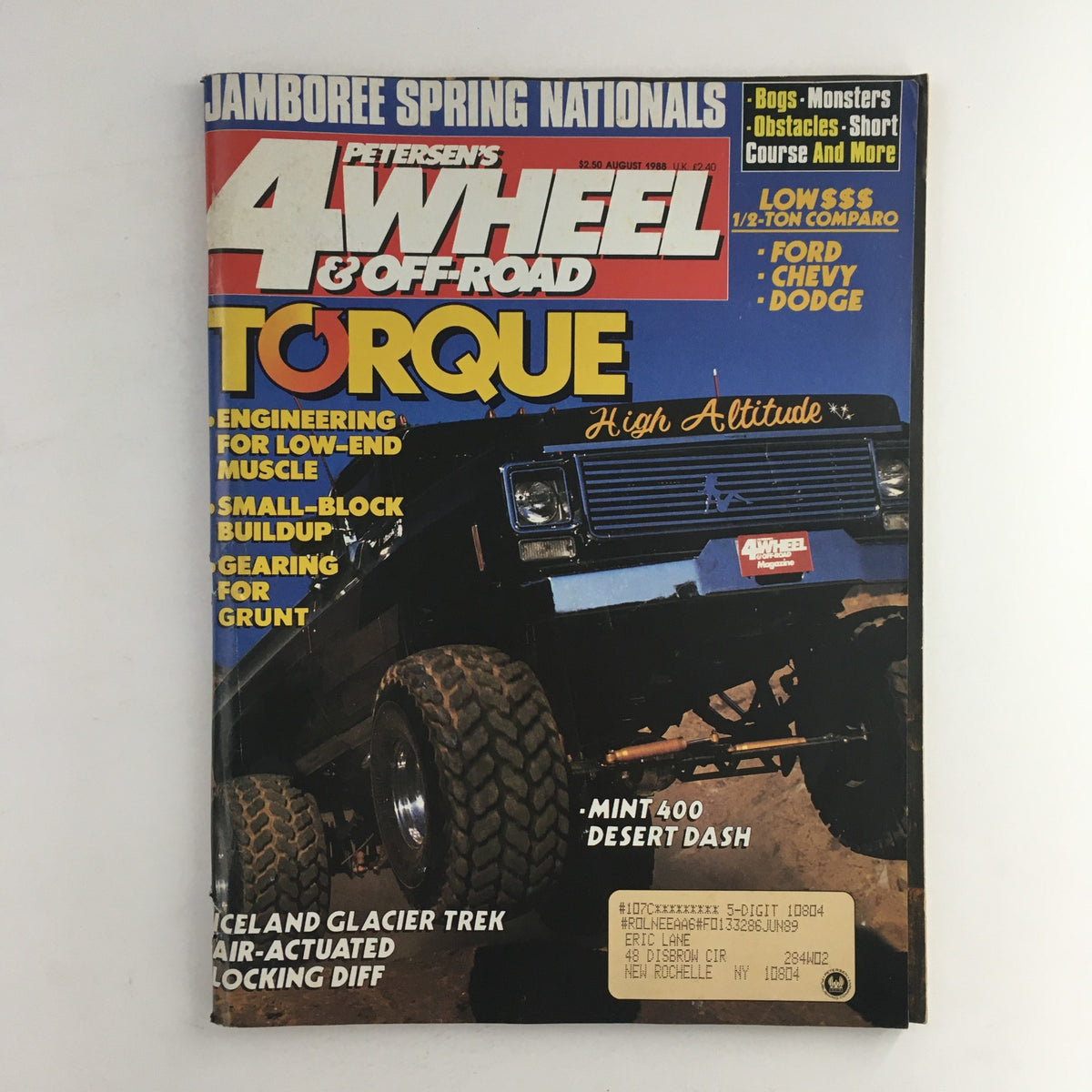 Cover of Petersen's 4 Wheel & Off-Road Magazine from August 1988 featuring the Mint 400 Desert Dash, showcasing a black off-road vehicle with large tires and bold headlines about torque and engineering for low-end muscle.
