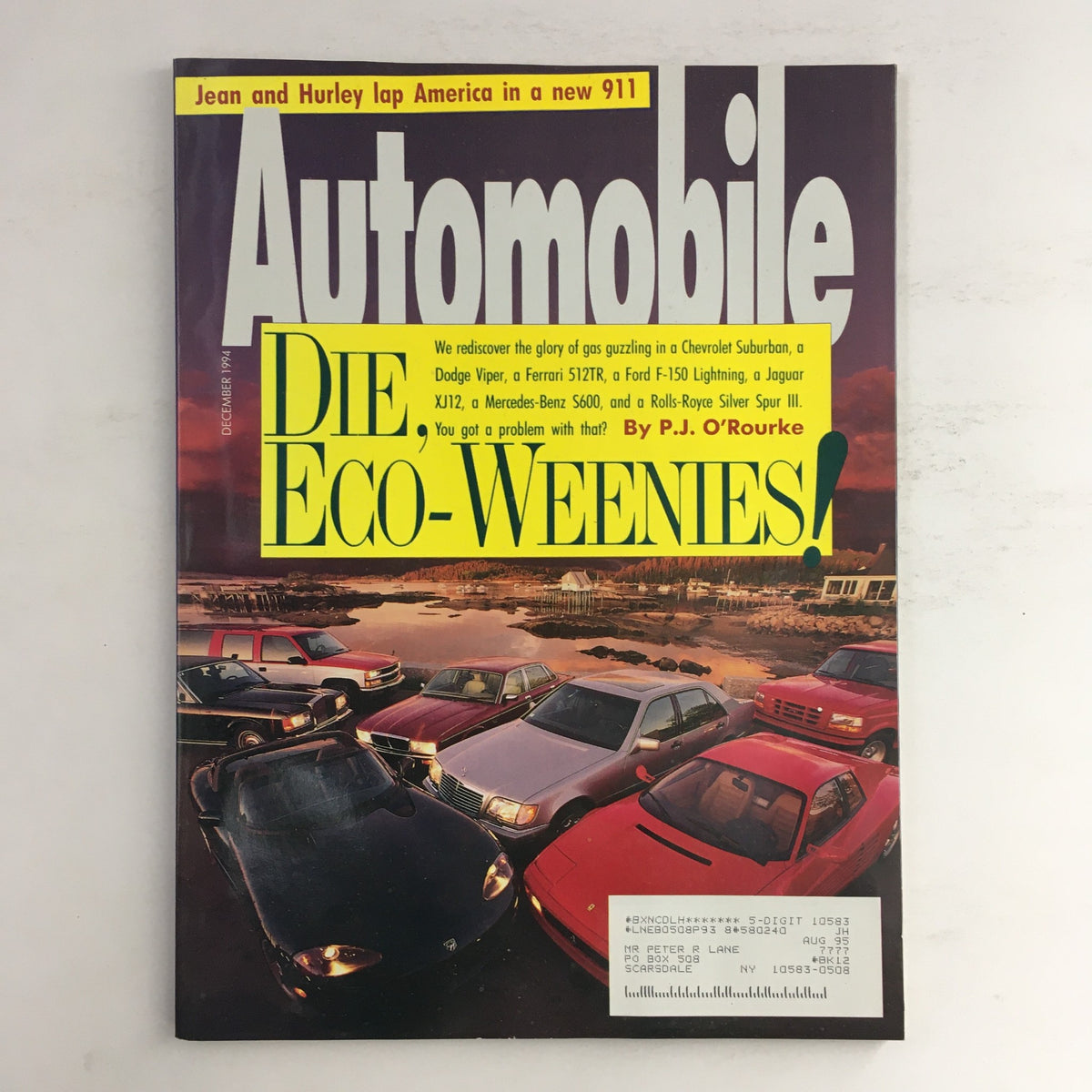 Cover of Automobile Magazine, December 1994 issue featuring Chevrolet Suburban, Dodge Viper, and Ferrari F512TR. The magazine headline reads 'DIE, ECO-WEENIES!', with images of multiple vehicles against a scenic background.