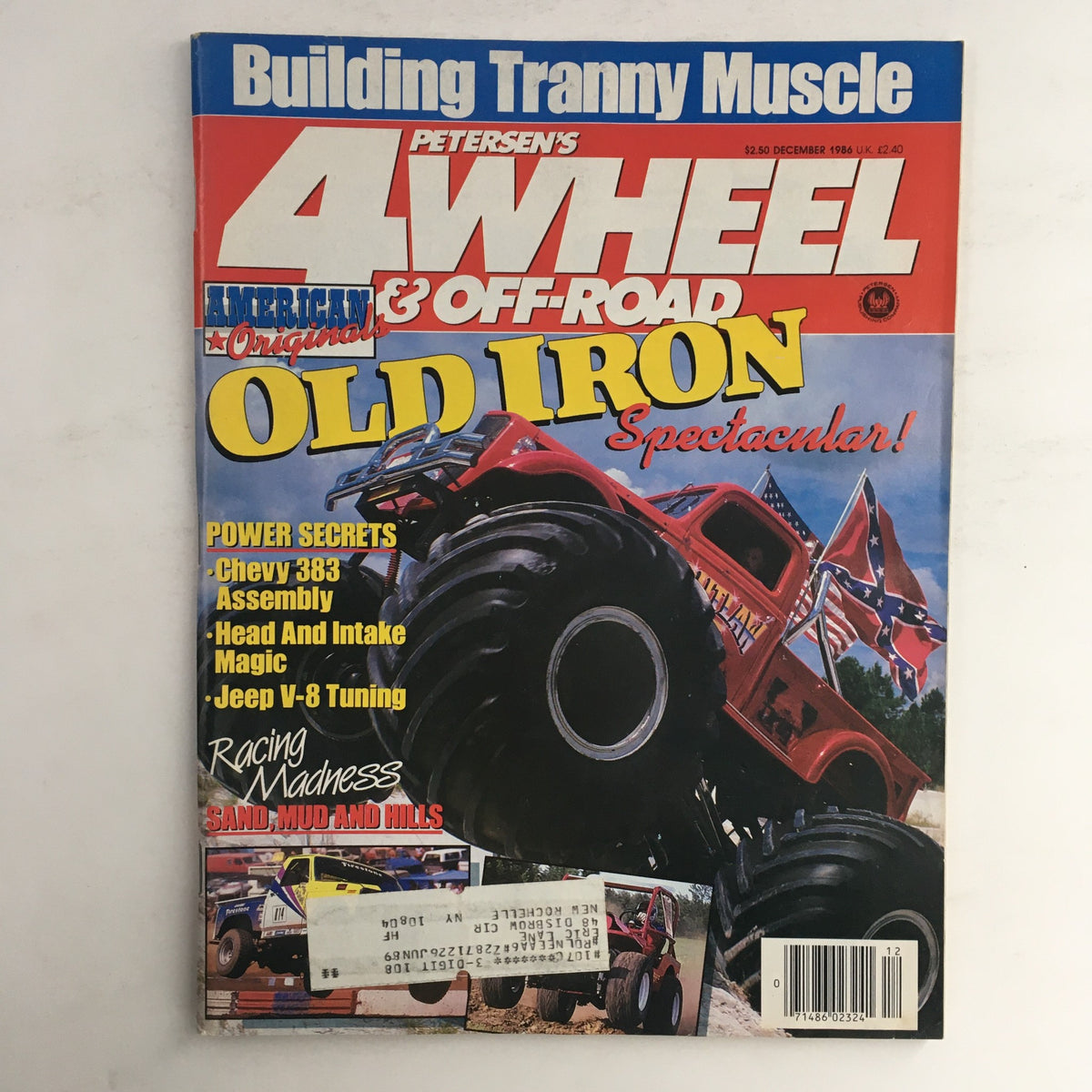 Cover of Petersen's 4 Wheel & Off-Road Magazine December 1986 featuring Old Iron Spectacular event. Highlights include articles on Chevy 383 Assembly and Jeep V-8 Tuning.