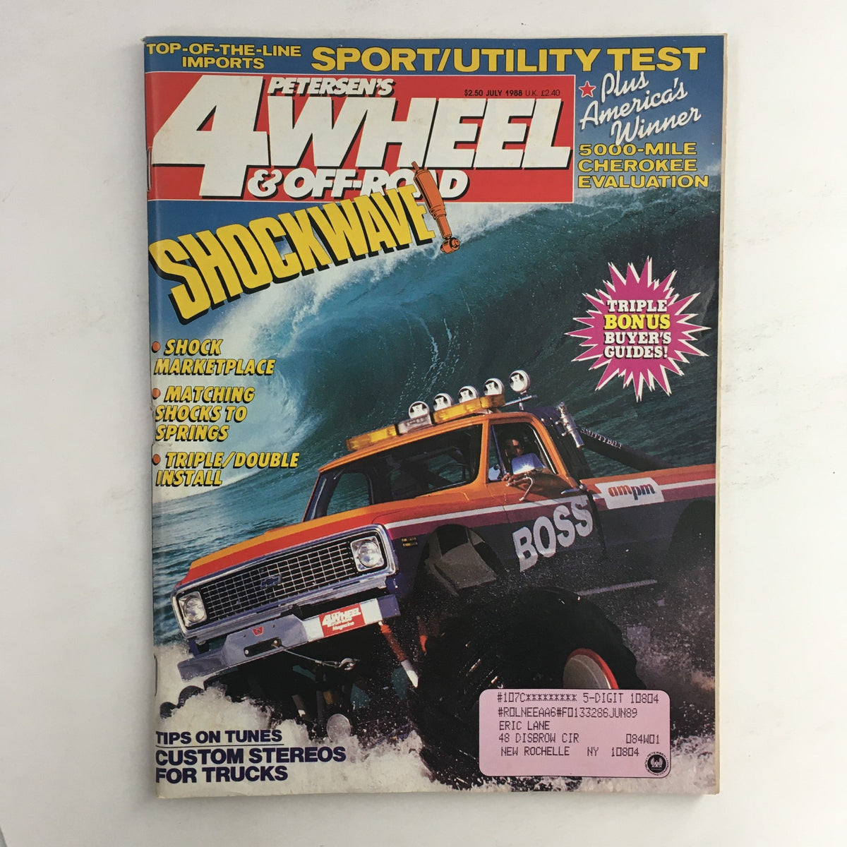 Cover of Petersen's 4 Wheel & Off-Road Magazine July 1988 featuring custom stereos for trucks, showcasing a truck in action against a wave, with highlights on shock marketplace and tuning tips.