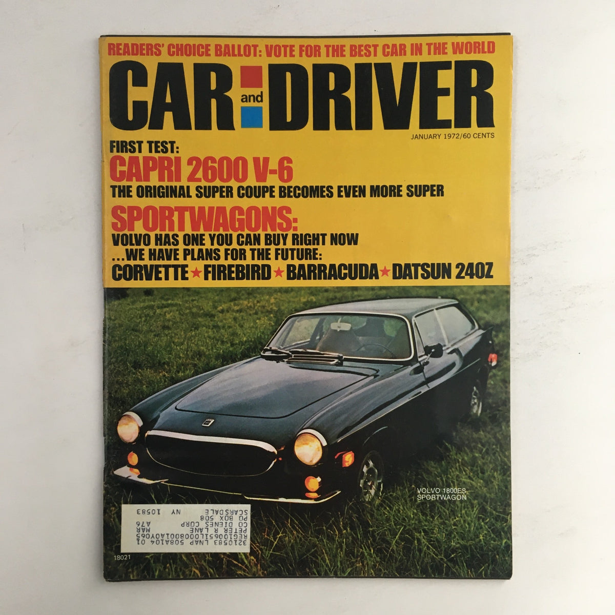 Cover of Car and Driver Magazine, January 1972 featuring the Volvo 1800ES Sportwagon and Capri 2600 V6, showcasing vintage automotive culture with articles on classic vehicles.