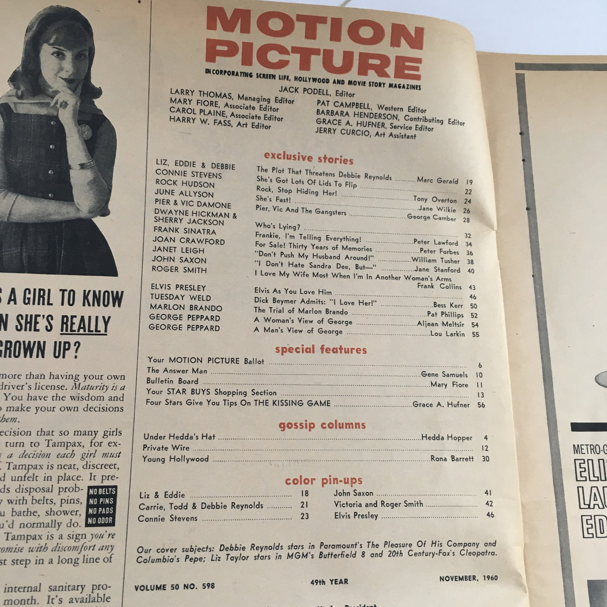 Inside page of Motion Picture Magazine November 1960 displaying contents with articles and features about notable stars, including Debbie Reynolds and Elizabeth Taylor.