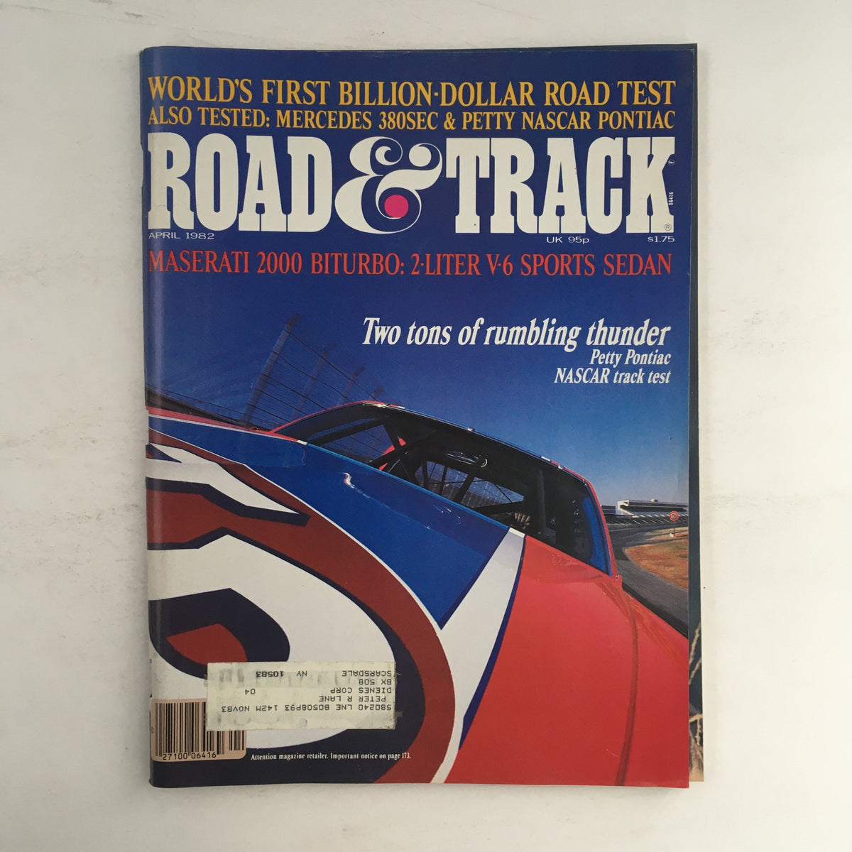 Cover of Road & Track Magazine, April 1982 issue featuring the Maserati 2000 Bitrubo V-6 Sports Sedan, highlighting automotive history and sports car advancements.