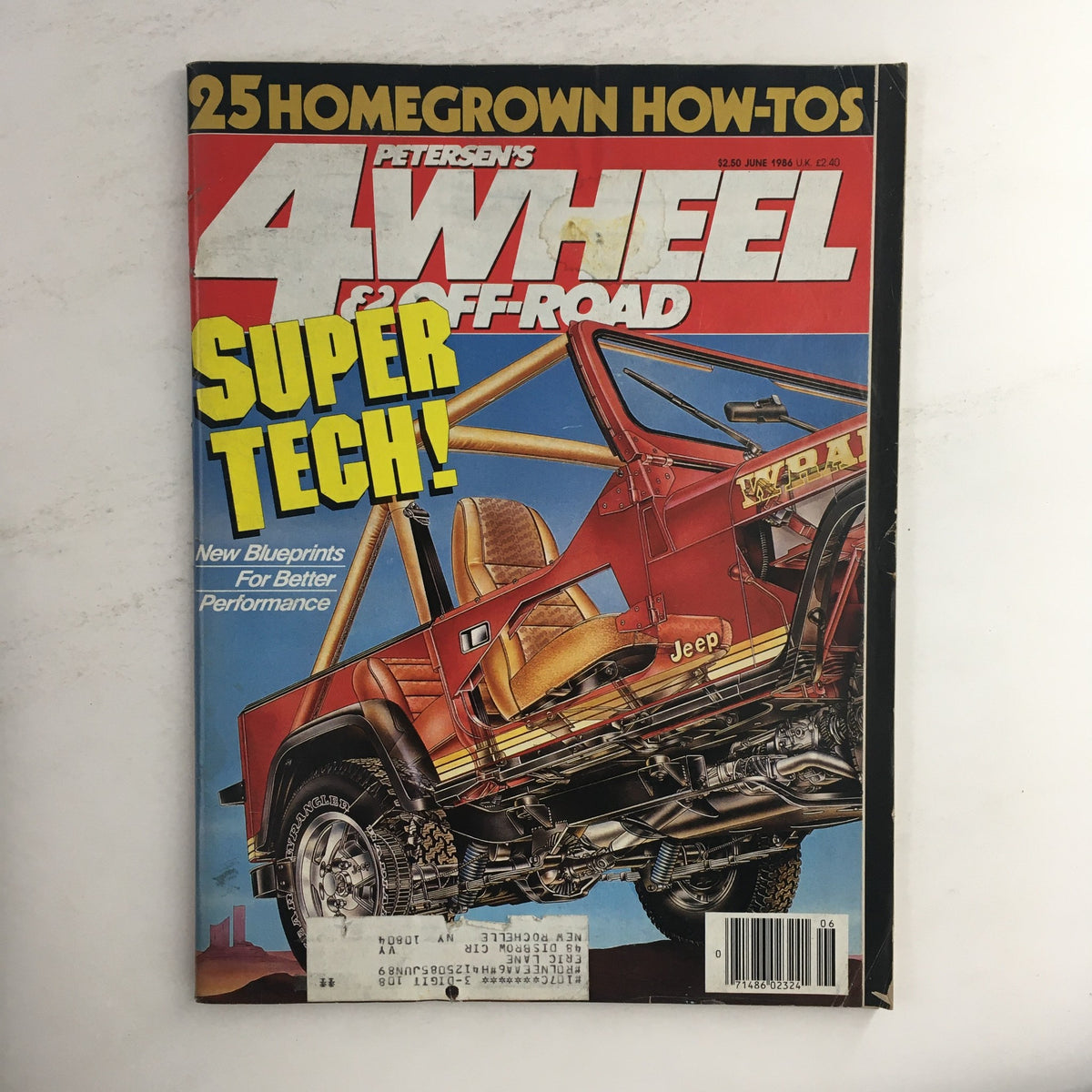Cover of Petersen's 4 Wheel & Off-Road Magazine June 1986 showcasing a Jeep illustration with the title 'SUPER TECH!' emphasizing blueprints for better performance in off-road vehicles.
