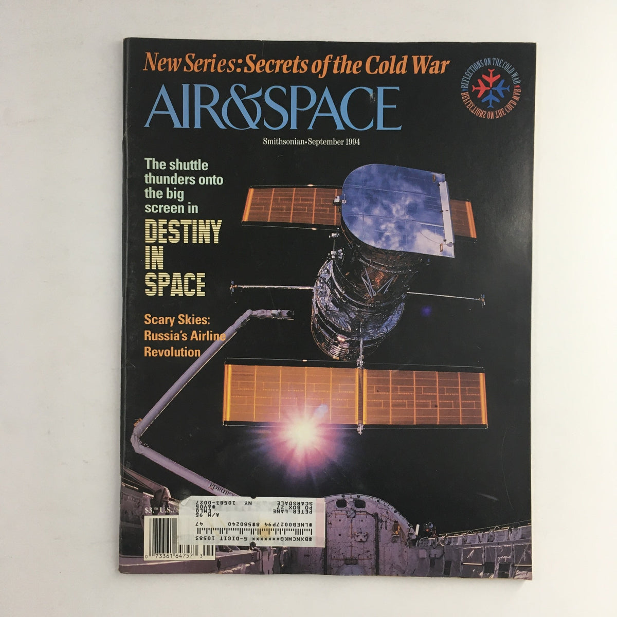 Cover of Air & Space Smithsonian Magazine, September 1994, featuring the title 'Scary Skies: Russia's Airline Revolution' with an image of the Hubble Space Telescope and a tagline about the shuttle in 'Destiny in Space'.