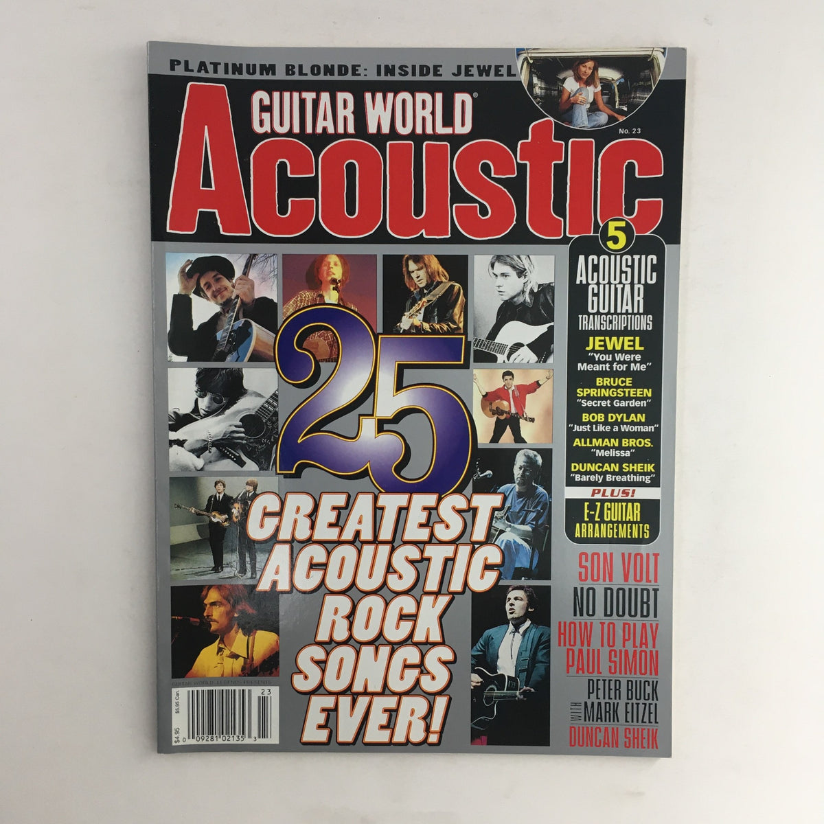 Guitar World Magazine 1997 featuring Bruce Springsteen and Bob Dylan, showcasing the 25 Greatest Acoustic Rock Songs Ever with a cover highlighting iconic music artists.