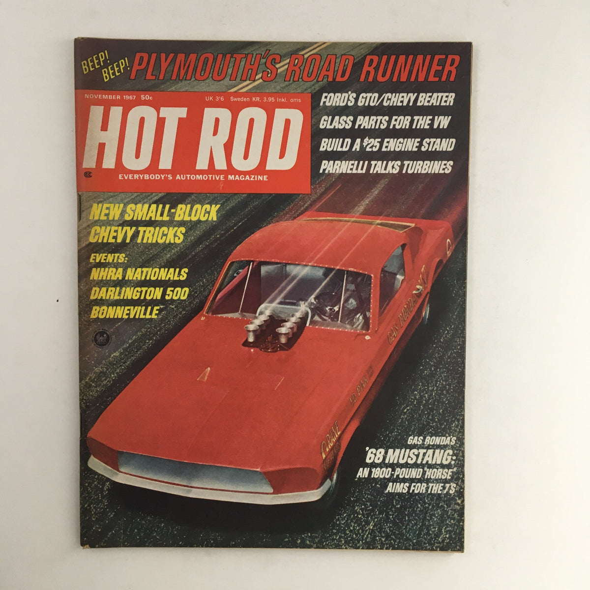 Cover image of Hot Road Magazine from November 1967 featuring Gas Ronda's '68 Mustang and Plymouth, showcasing automotive history and muscle car culture.