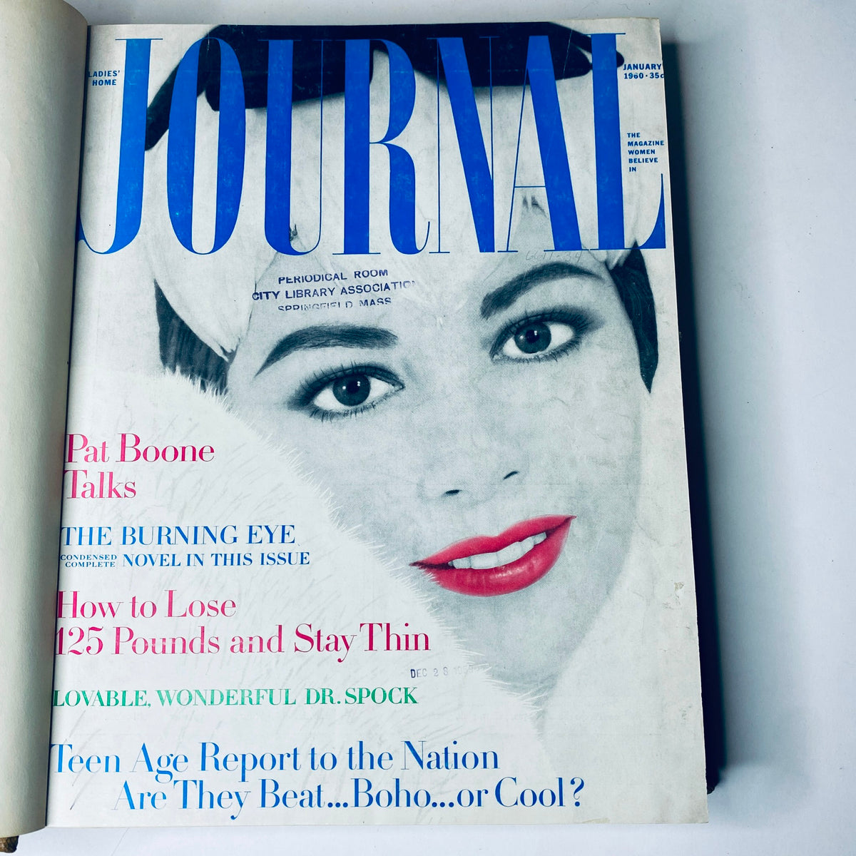 January 1960 cover of the Ladies' Home Journal, featuring bold graphics and a striking close-up portrait of a woman, illustrating the magazine's engaging content.