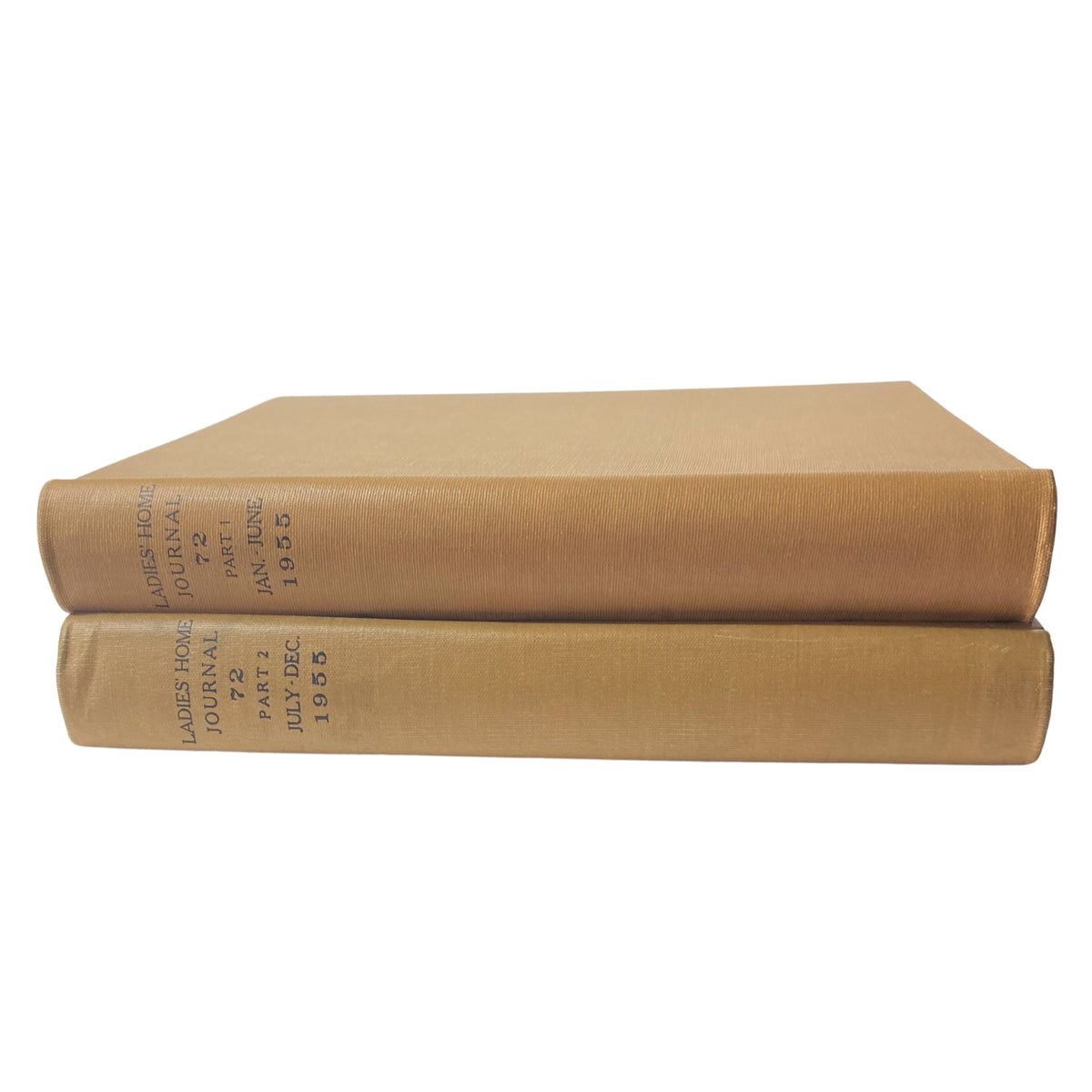 Ladies' Home Journal 1955 Bound Magazine Set featuring two volumes containing complete issues from January to December, showcasing mid-1900s American culture and lifestyle.