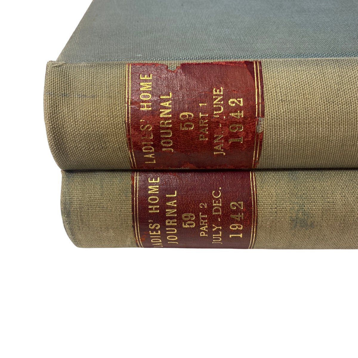 Ladies' Home Journal Library Bound Magazine 1942 showing the spine with gold lettering and two volumes from January to June and July to December.