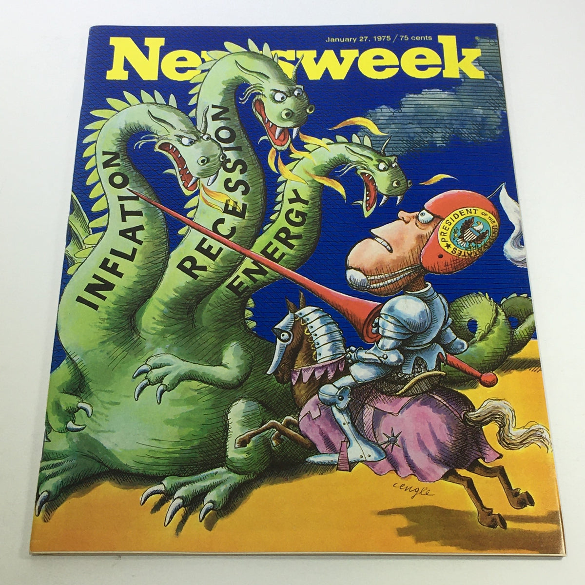 Cover of VTG Newsweek Magazine January 27, 1975, featuring a knight battling dragons labeled Inflation, Recession, and Energy, symbolizing economic challenges of the time.