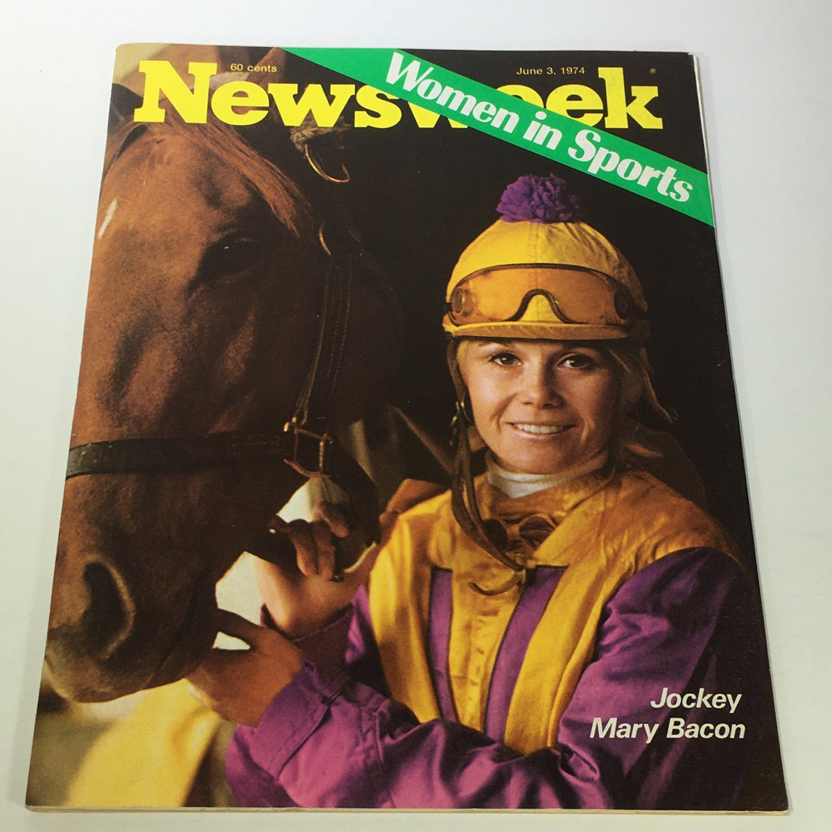 VTG Newsweek Magazine June 3 1974 cover featuring Jockey Mary Bacon, highlighting Women in Sports, showcasing a historical moment in journalism.
